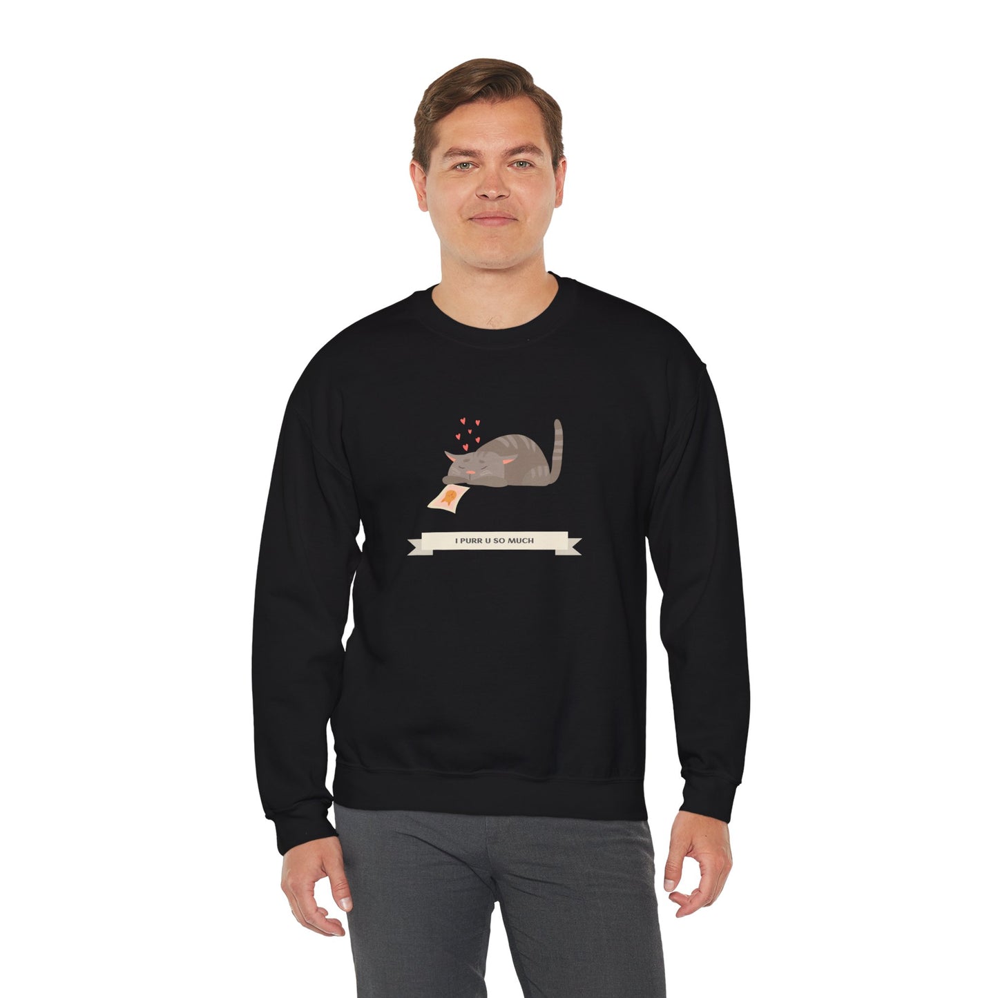 Cat Heart Sweatshirt Unisex 50/50 Cotton Poly Valentine Day Crewneck Gildan 18000