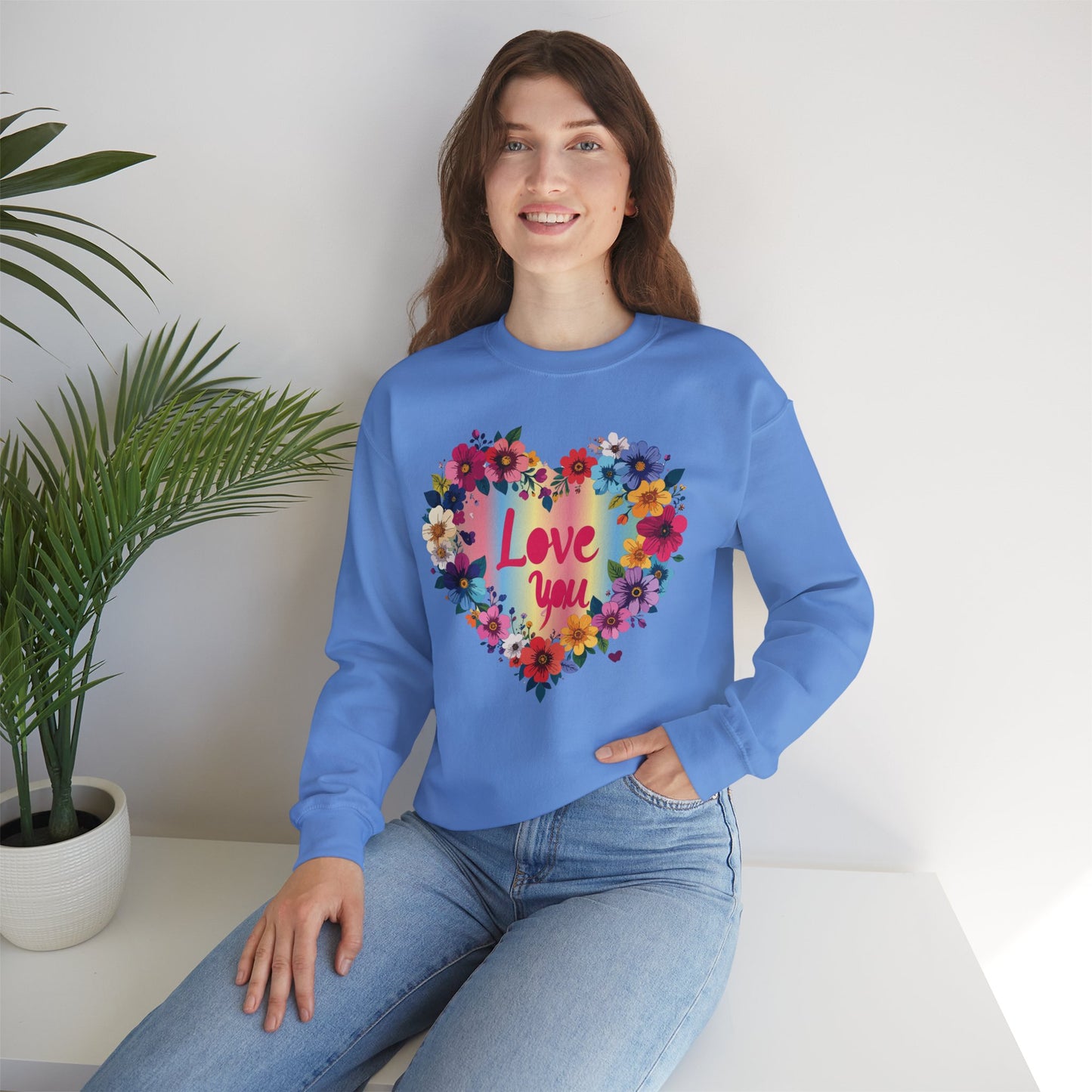 Valentines Day Floral Heart Sweatshirt Unisex Crewneck Floral Love You Gildan 18000 Heavy Blend