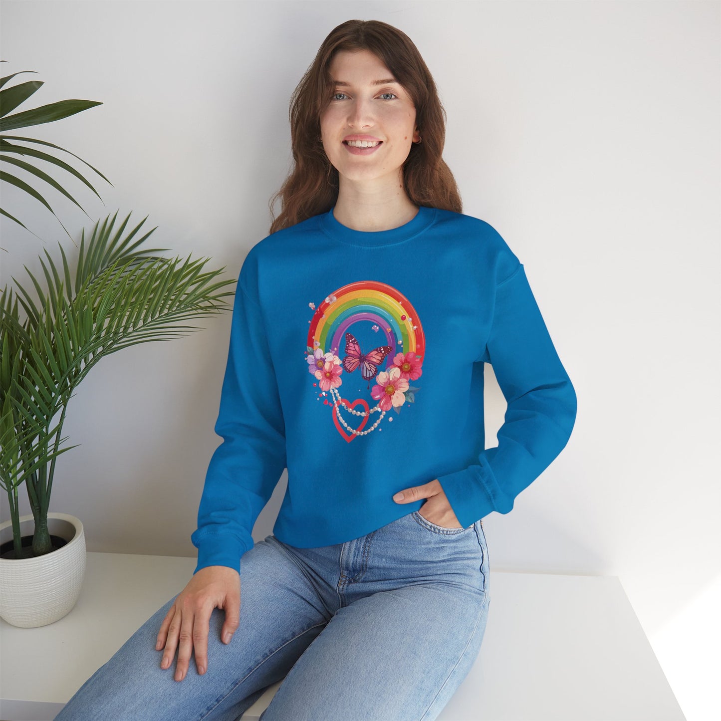 Rainbow Heart Floral Sweatshirt Unisex Valentines Day Love Gift Gildan 18000 Sweatshirt