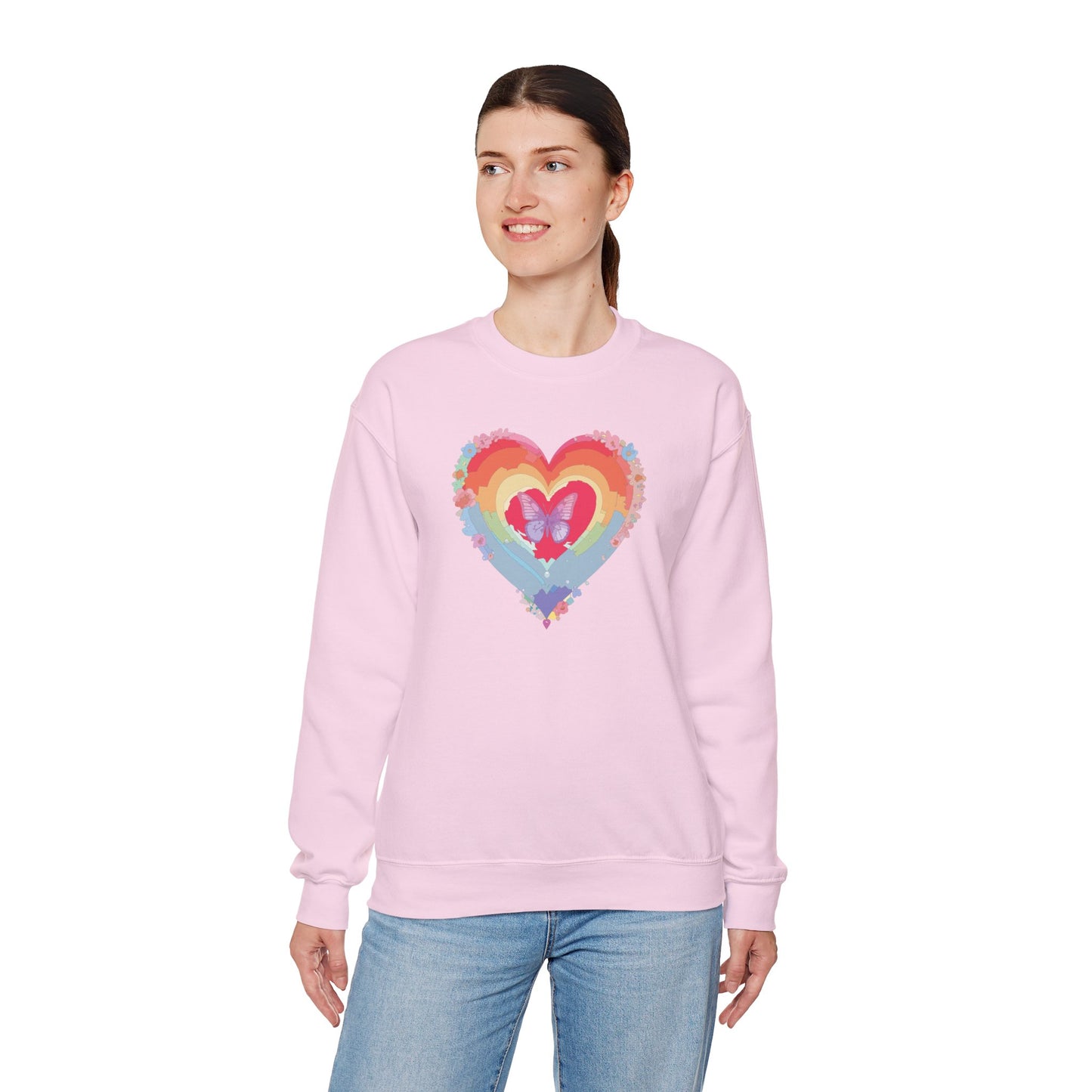 Rainbow Heart Floral Sweatshirt For Valentines Day Unisex Heavy Blend Crewneck Warm