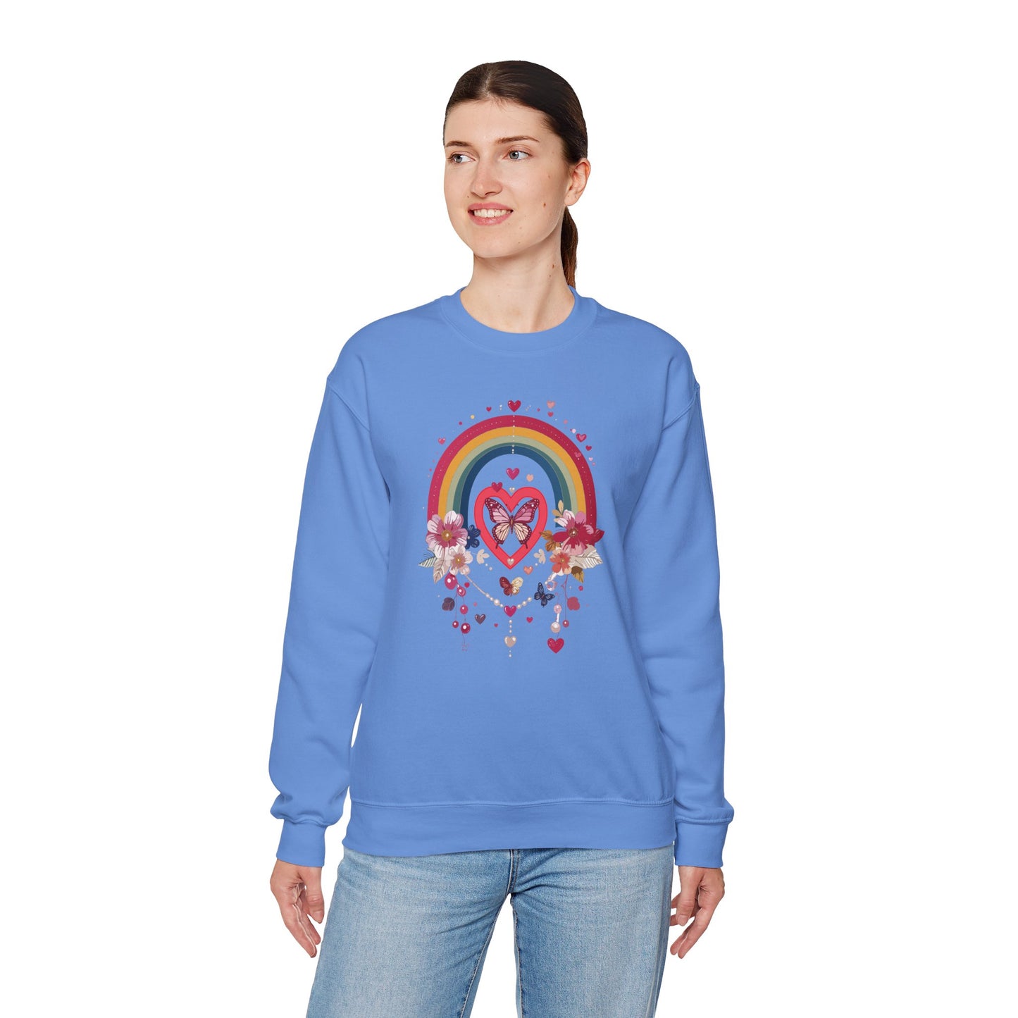 Rainbow Heart Floral Unisex Sweatshirt Crewneck Love Valentine's Day Graphic Gildan 18000