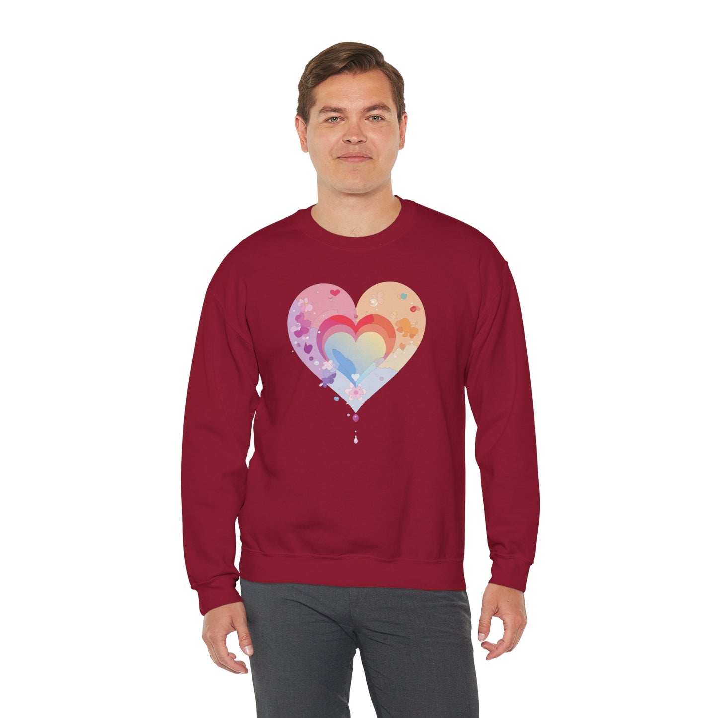 Rainbow Heart Floral Sweatshirt Unisex Valentines Day Gift Cozy Crewneck Sweatshirt
