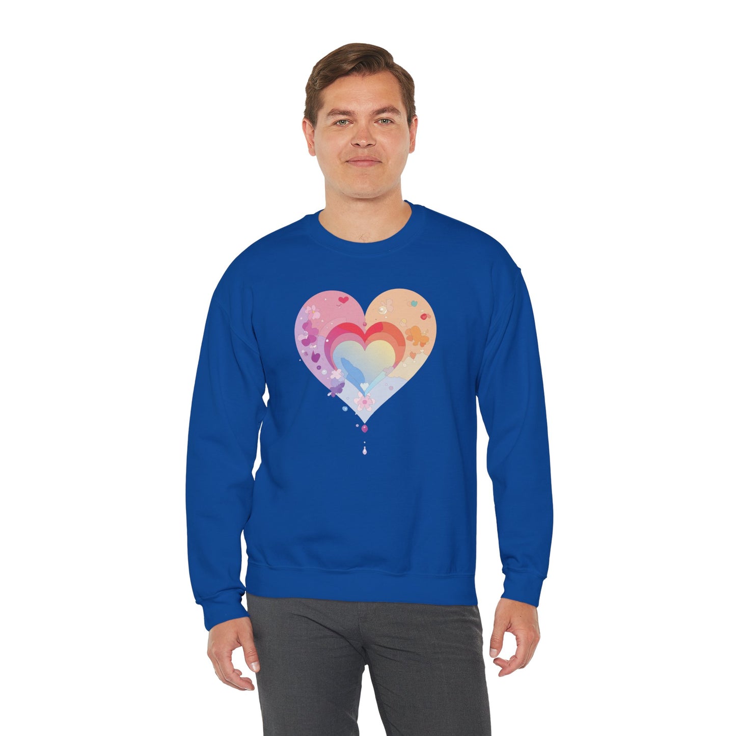 Rainbow Heart Floral Sweatshirt Unisex Valentines Day Gift Cozy Crewneck Sweatshirt