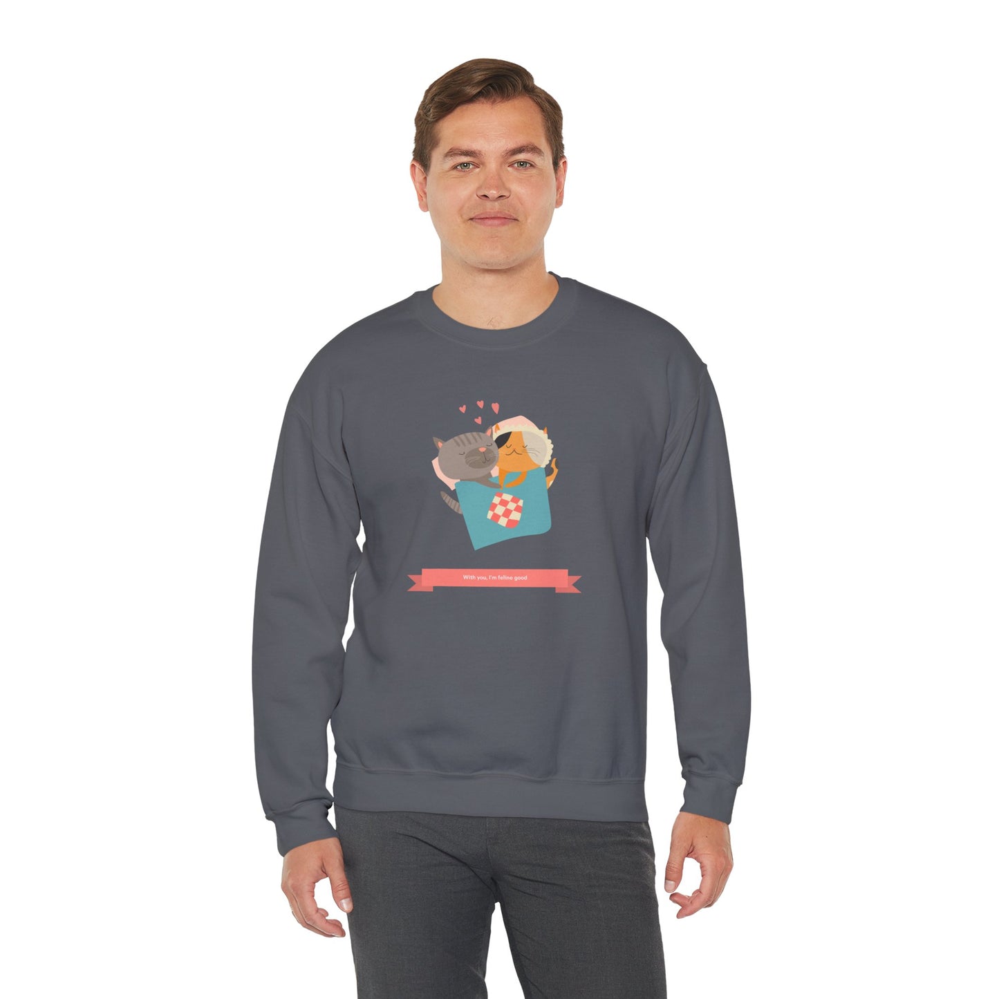 Cat Heart Sweatshirt Unisex Valentines Day 50 50 Cotton Poly Crewneck Gildan 18000