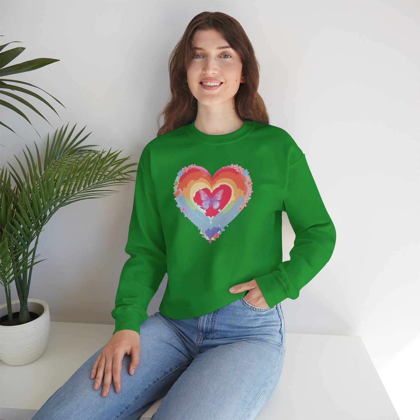 Rainbow Heart Floral Sweatshirt For Valentines Day Unisex Heavy Blend Crewneck Warm