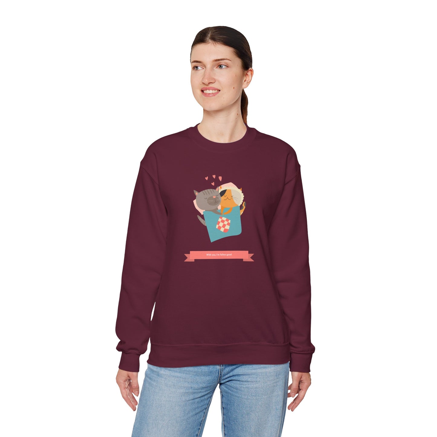 Cat Heart Sweatshirt Unisex Valentines Day 50 50 Cotton Poly Crewneck Gildan 18000