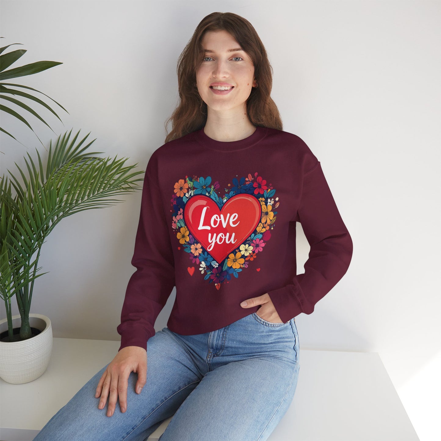 Unisex Floral Heart Sweatshirt Valentines Day Gift Cozy Crewneck Fifty Fifty Blend