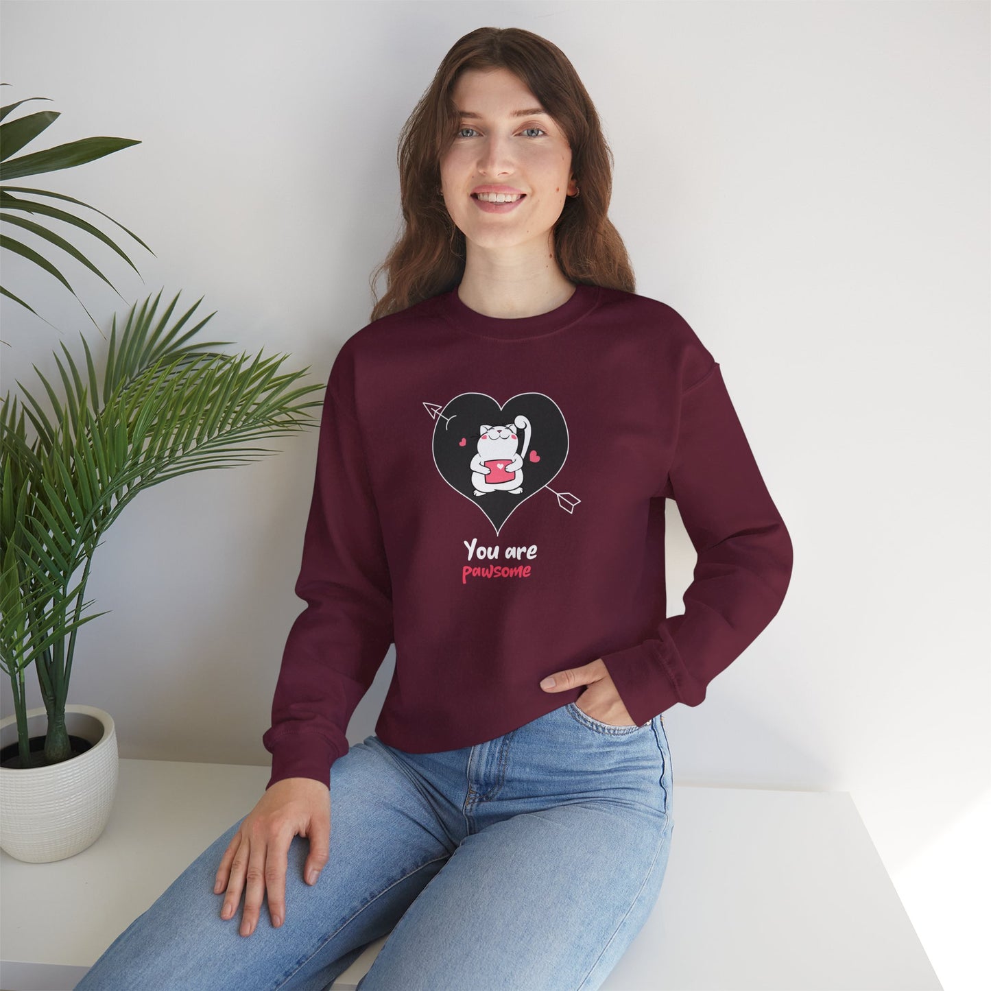 Cat Heart Sweatshirt Unisex Valentines Day Fifty Fifty Cotton Poly Crewneck Gildan 18000