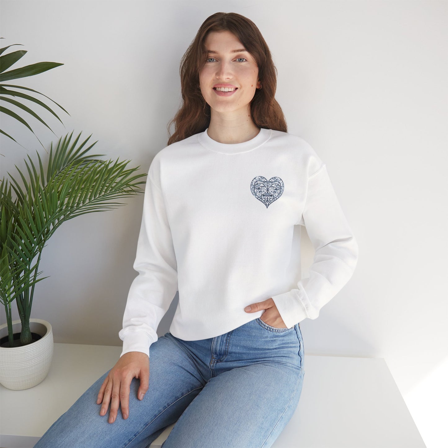 Crystal Heart Sweatshirt Unisex Fifty Fifty Cotton Poly Valentine Day Crewneck Gildan 18000