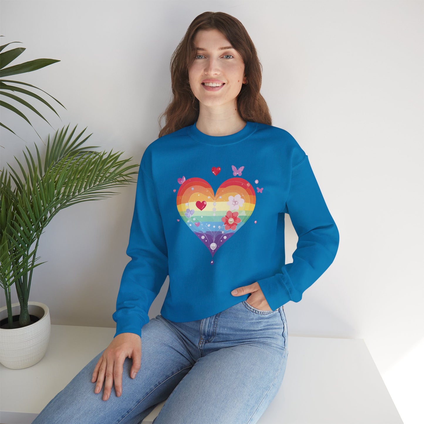 Rainbow Heart Floral Sweatshirt Unisex Valentines Day Graphic Love Sweatshirt Gift Idea