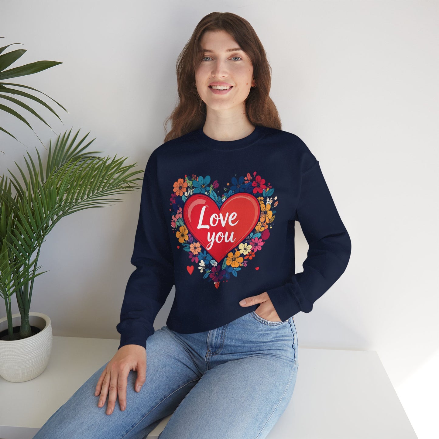 Unisex Floral Heart Sweatshirt Valentines Day Gift Cozy Crewneck Fifty Fifty Blend