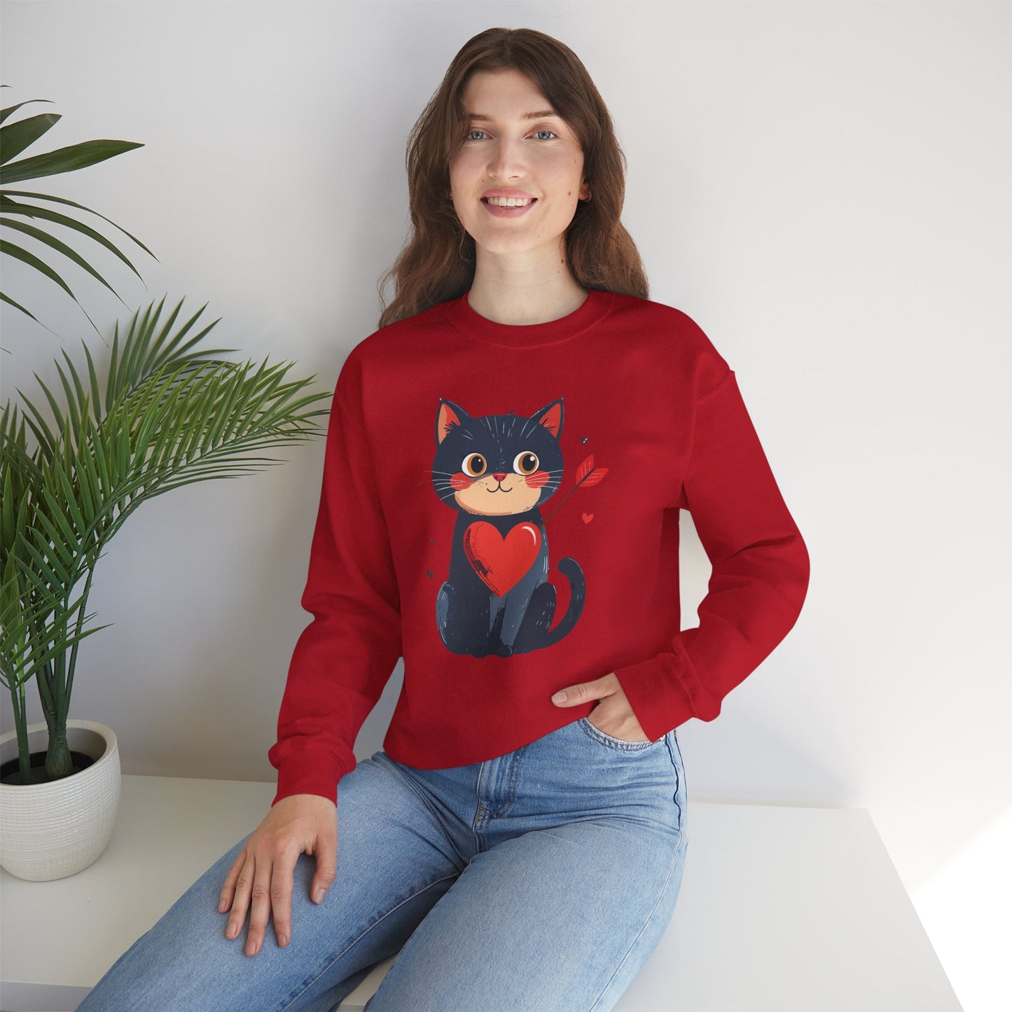 Cat Heart Sweatshirt Unisex Valentines Day Fifty Fifty Cotton Poly 8 Oz Heavy Blend