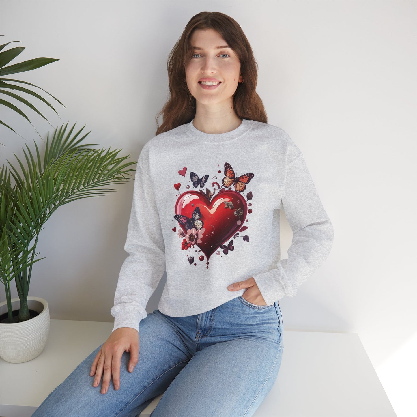Unisex Heavy Blend Crewneck Sweatshirt Red Heart Floral Design Valentines Day Gift