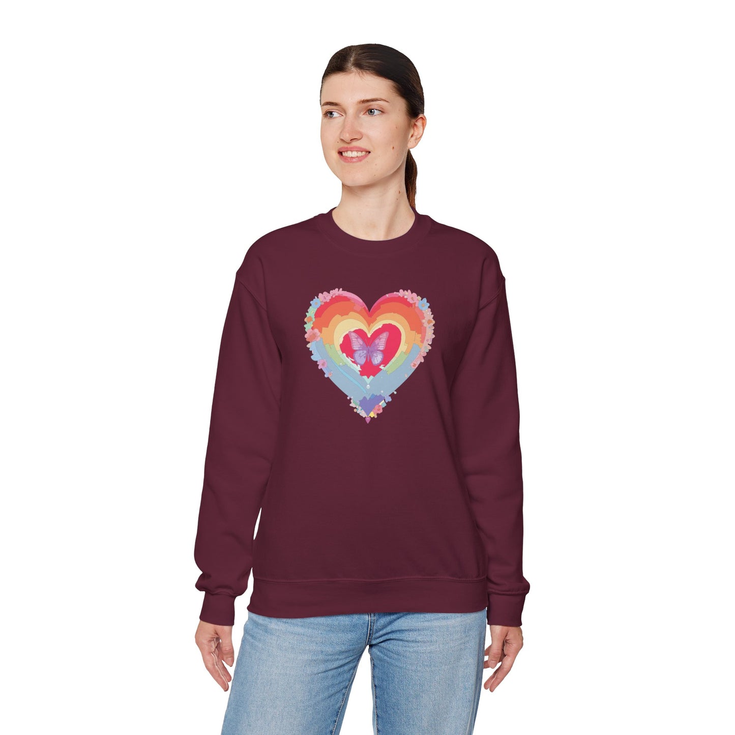 Rainbow Heart Floral Sweatshirt For Valentines Day Unisex Heavy Blend Crewneck Warm