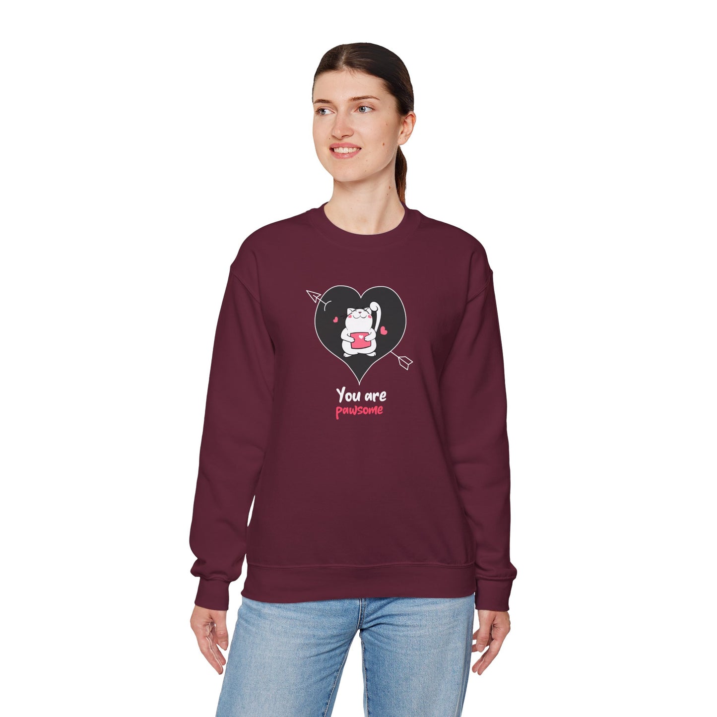 Cat Heart Sweatshirt Unisex Valentines Day Fifty Fifty Cotton Poly Crewneck Gildan 18000