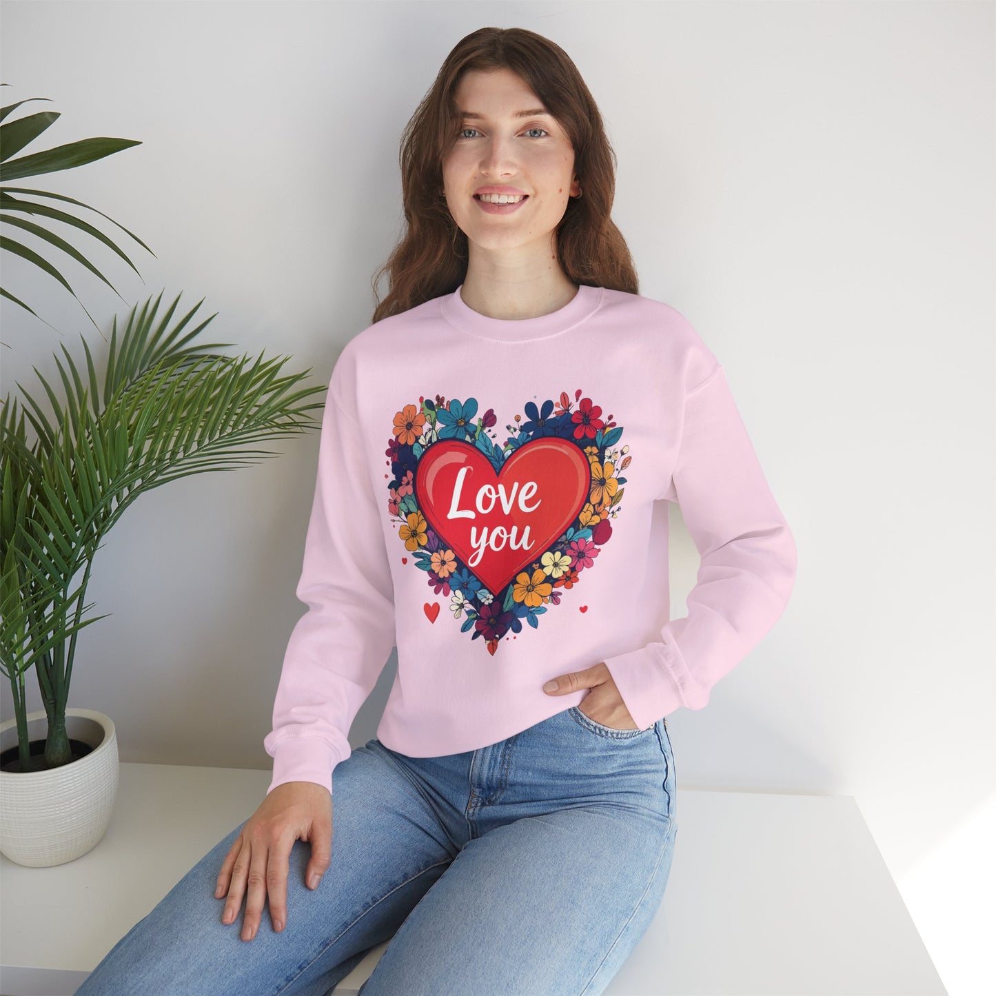 Unisex Floral Heart Sweatshirt Valentines Day Gift Cozy Crewneck Fifty Fifty Blend