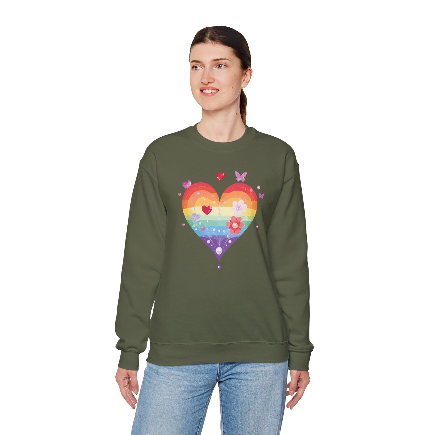 Rainbow Heart Floral Sweatshirt Unisex Valentines Day Graphic Love Sweatshirt Gift Idea