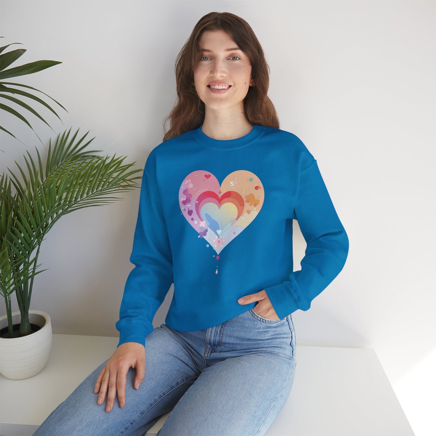 Rainbow Heart Floral Sweatshirt Unisex Valentines Day Gift Cozy Crewneck Sweatshirt