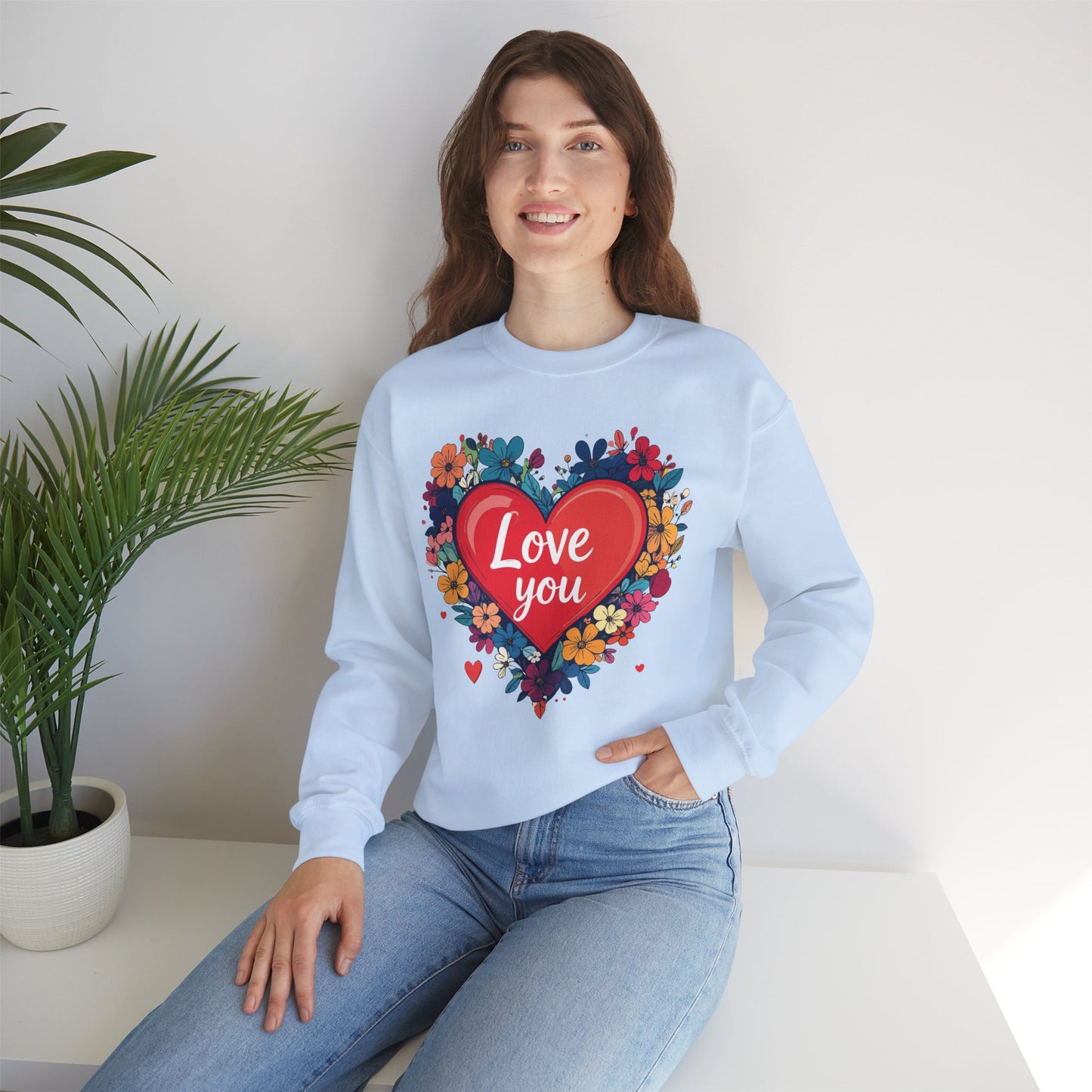 Unisex Floral Heart Sweatshirt Valentines Day Gift Cozy Crewneck Fifty Fifty Blend