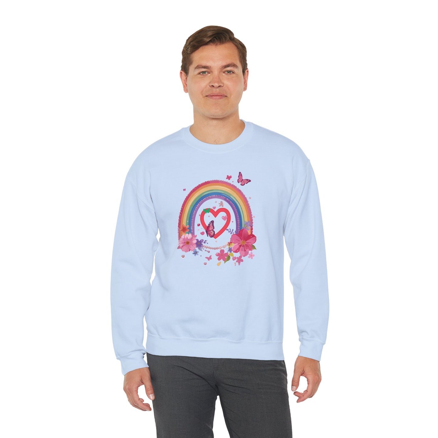 Rainbow Heart Floral Sweatshirt For Valentines Day Unisex Crewneck Gildan 18000 Premium