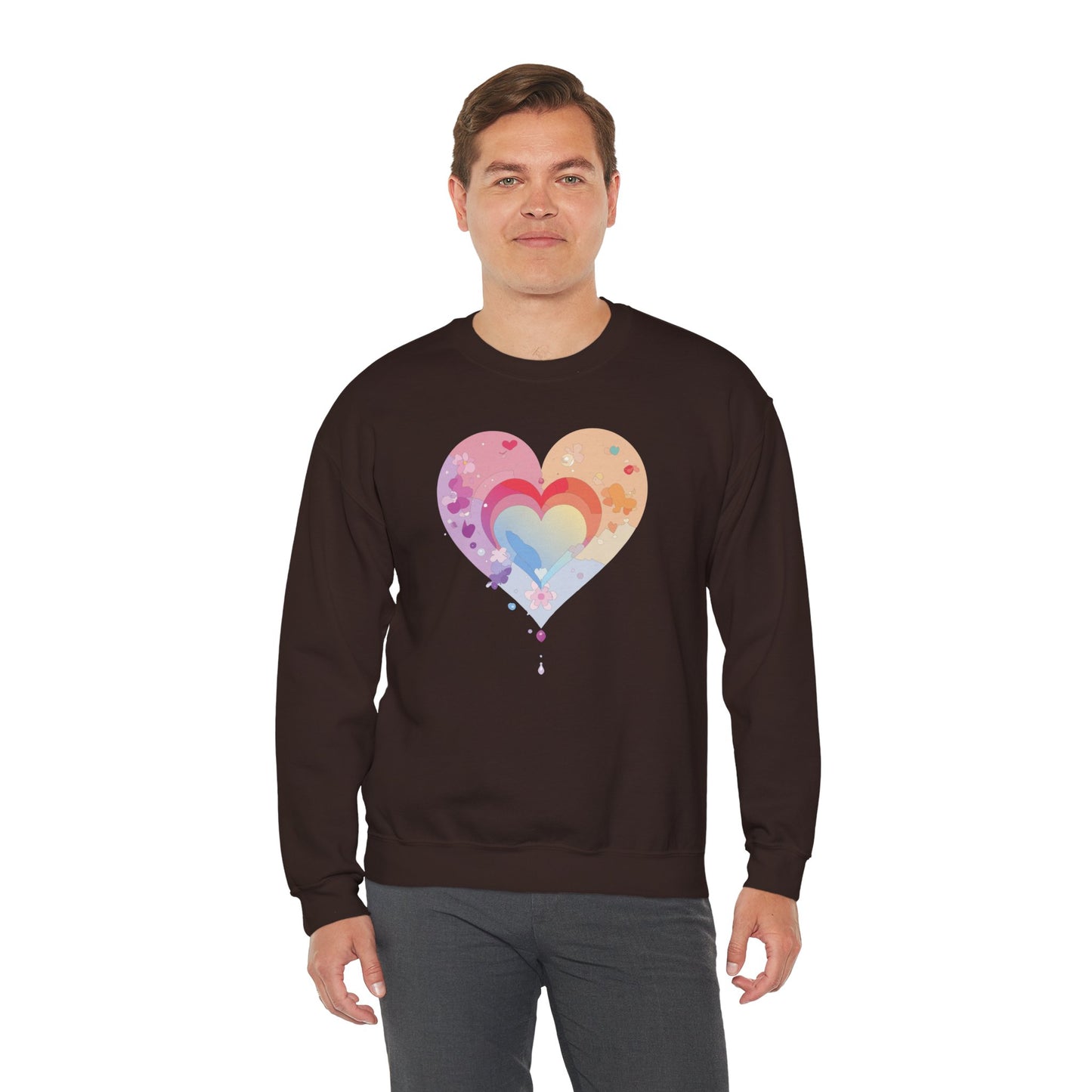 Rainbow Heart Floral Sweatshirt Unisex Valentines Day Gift Cozy Crewneck Sweatshirt
