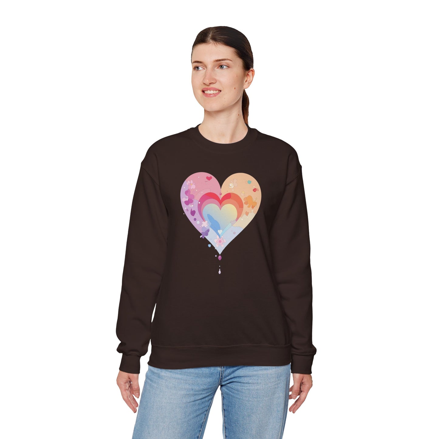 Rainbow Heart Floral Sweatshirt Unisex Valentines Day Gift Cozy Crewneck Sweatshirt