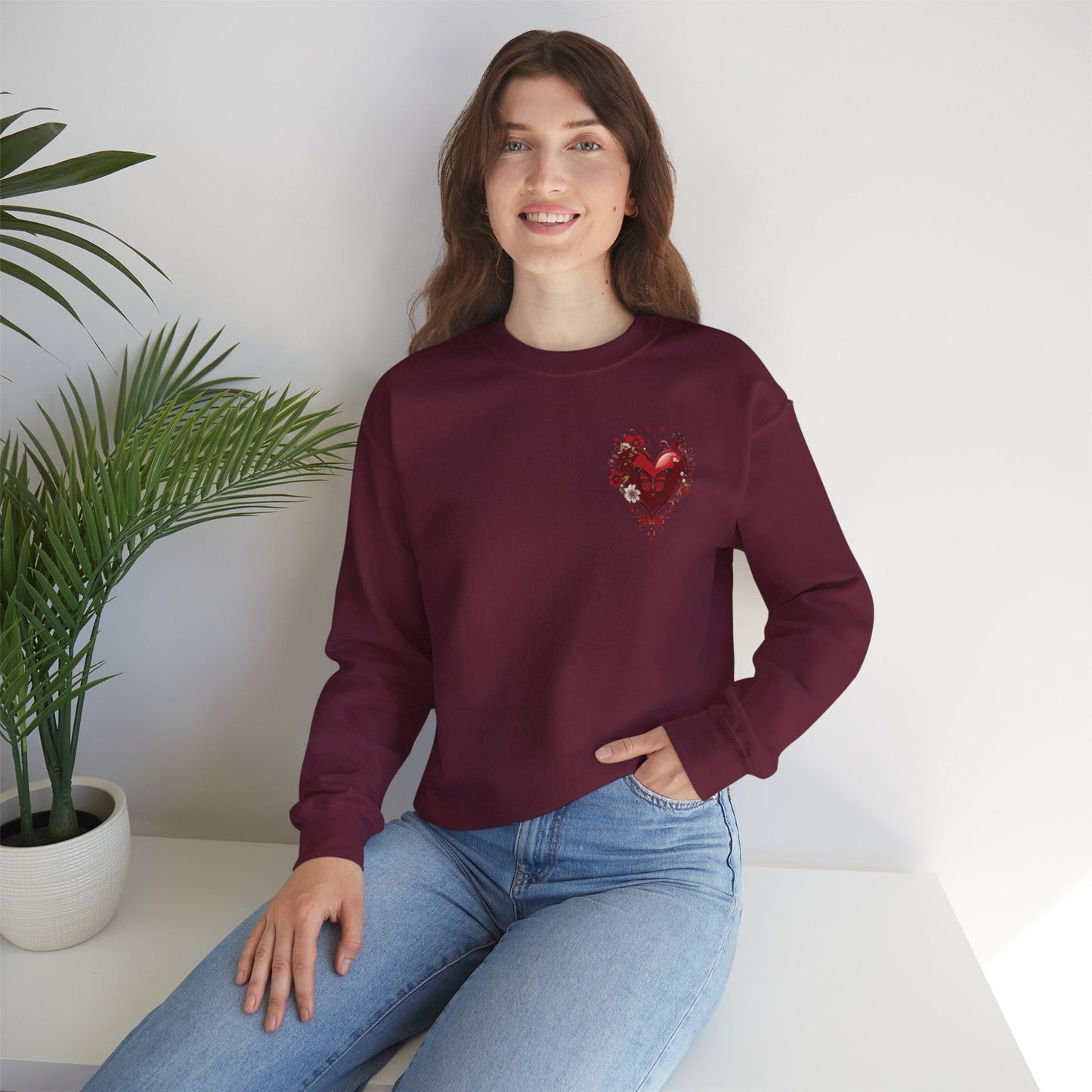 Floral Red Heart Sweatshirt Unisex Valentines Day Love Print Cozy Heavy Blend Crewneck