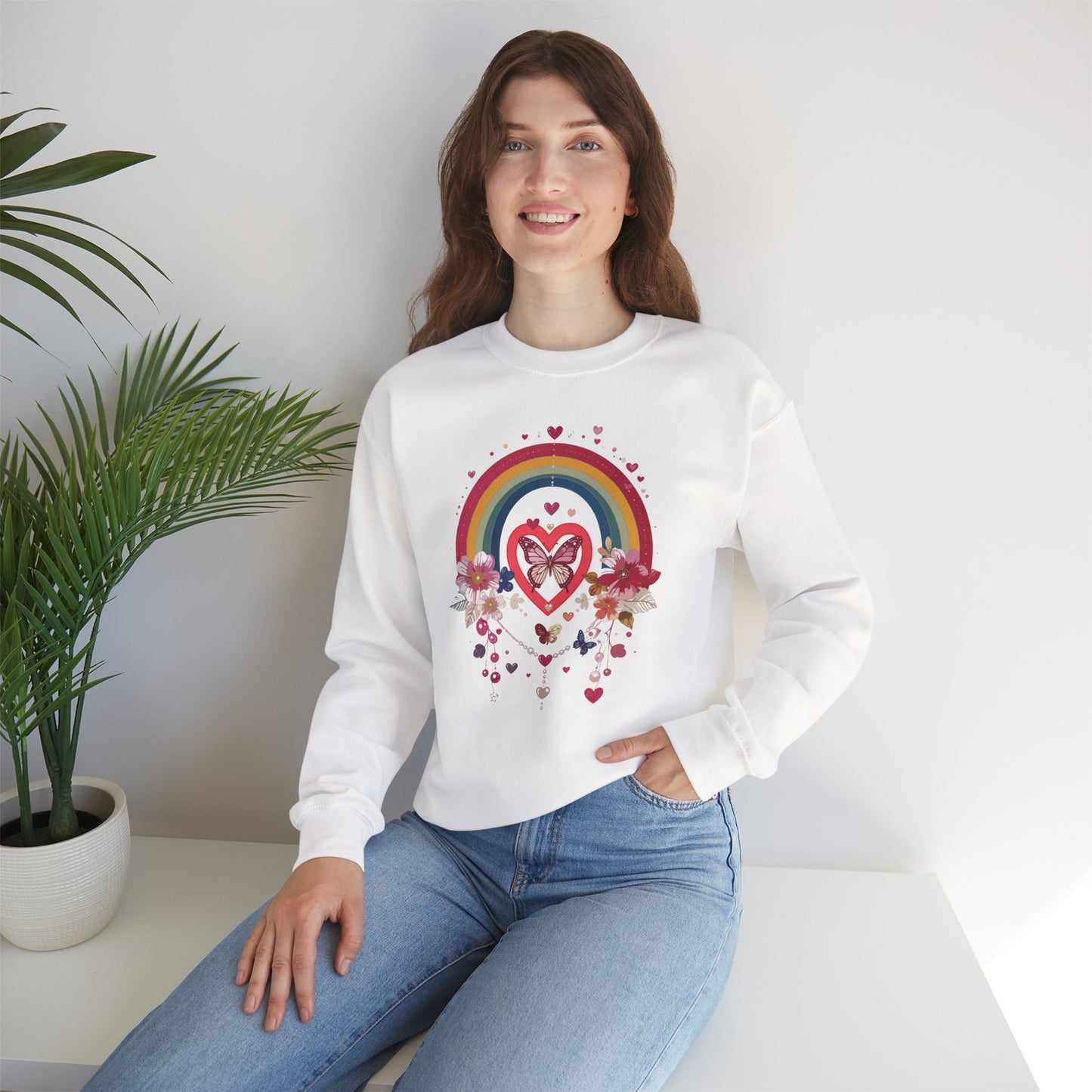 Rainbow Heart Floral Unisex Sweatshirt Crewneck Love Valentine's Day Graphic Gildan 18000