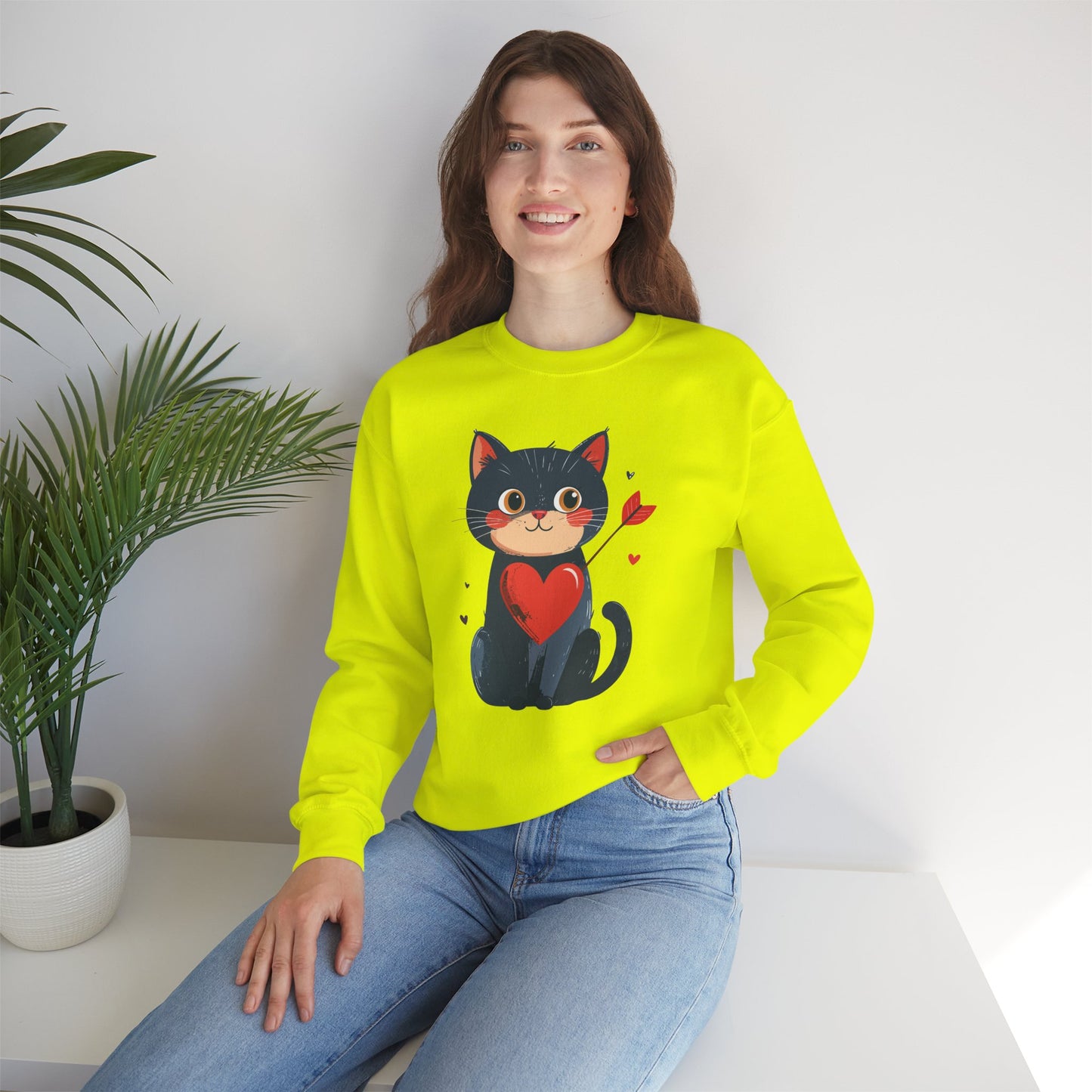 Cat Heart Sweatshirt Unisex Valentines Day Fifty Fifty Cotton Poly 8 Oz Heavy Blend