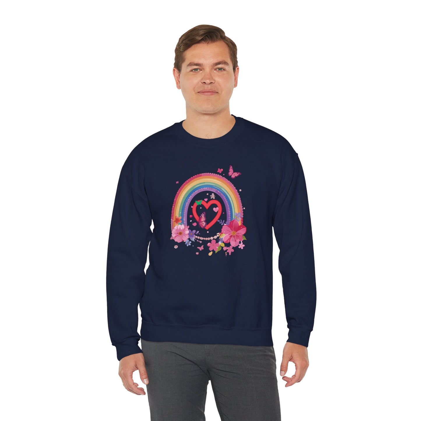 Rainbow Heart Floral Sweatshirt For Valentines Day Unisex Crewneck Gildan 18000 Premium