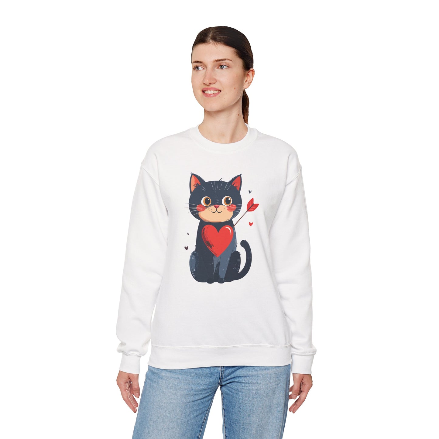 Cat Heart Sweatshirt Unisex Valentines Day Fifty Fifty Cotton Poly 8 Oz Heavy Blend