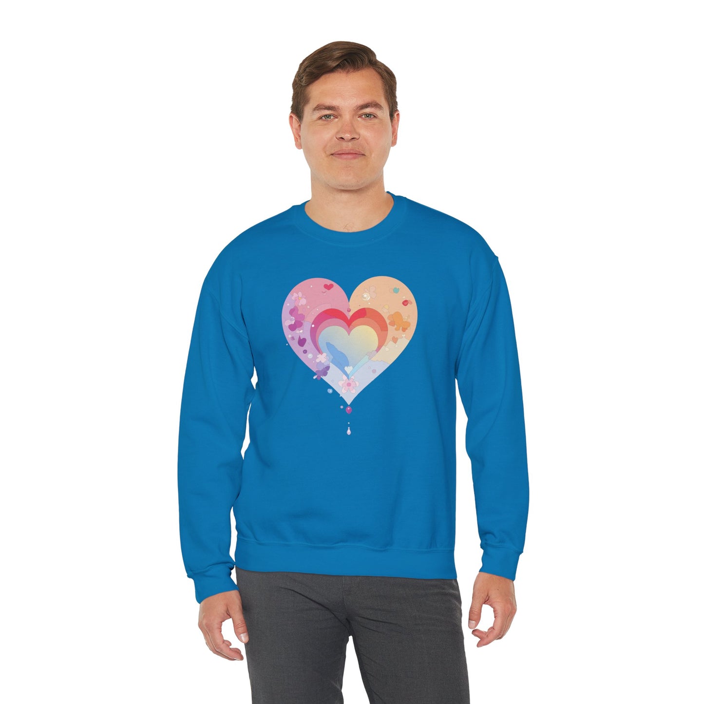 Rainbow Heart Floral Sweatshirt Unisex Valentines Day Gift Cozy Crewneck Sweatshirt