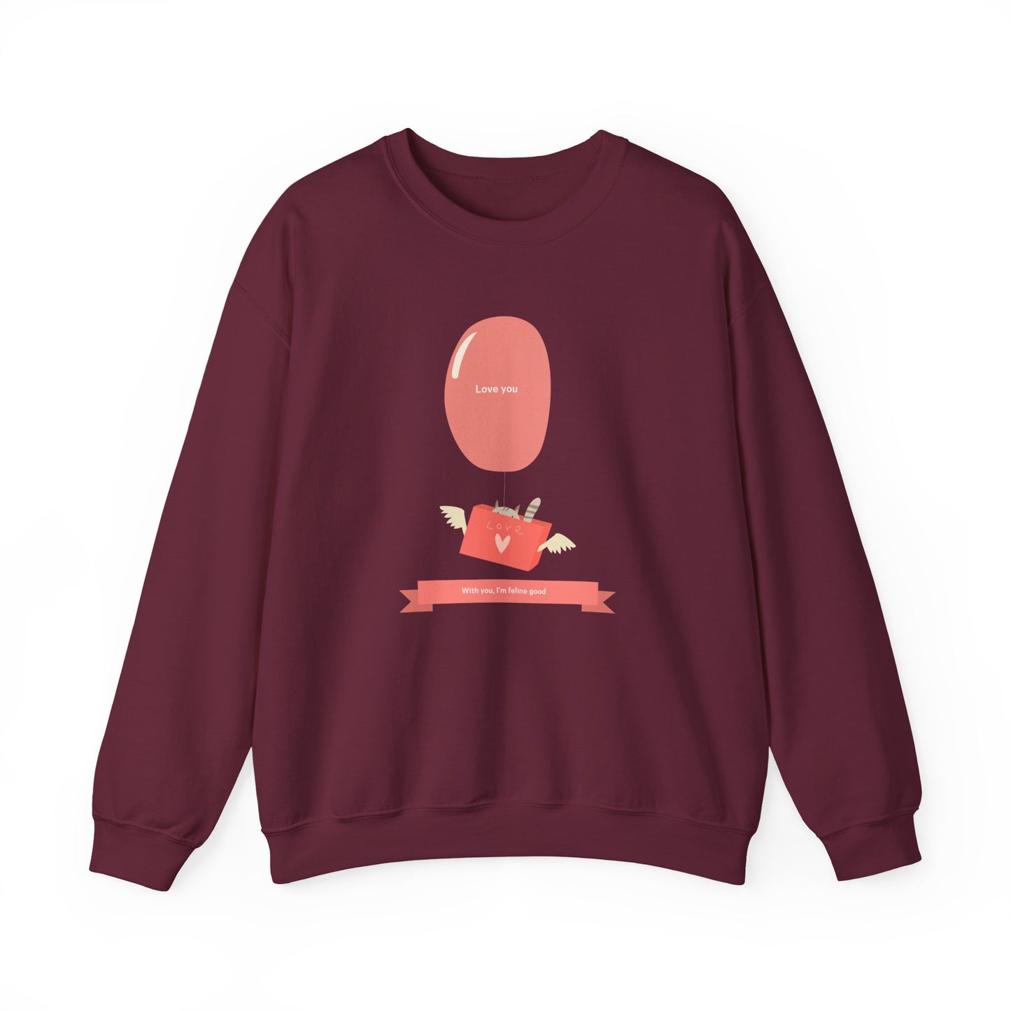 Cat Love Balloon Sweatshirt Unisex Fifty Fifty Cotton Poly Valentine Heavy Blend Crewneck Sweatshirt