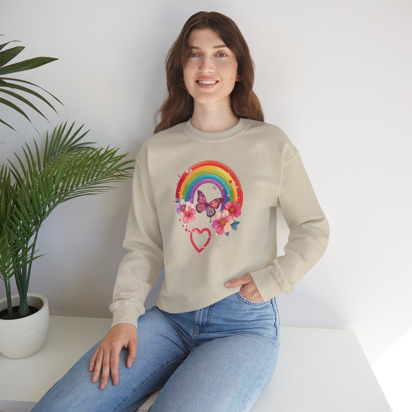 Rainbow Heart Floral Sweatshirt Unisex Valentines Day Love Gift Gildan 18000 Sweatshirt