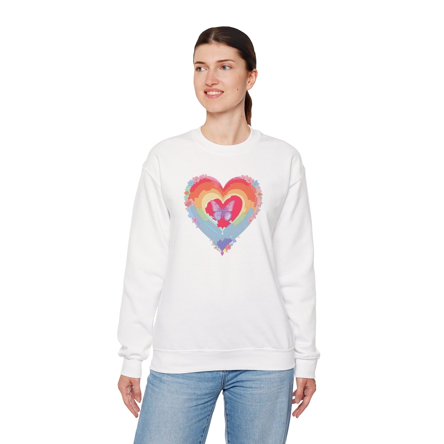 Rainbow Heart Floral Sweatshirt For Valentines Day Unisex Heavy Blend Crewneck Warm