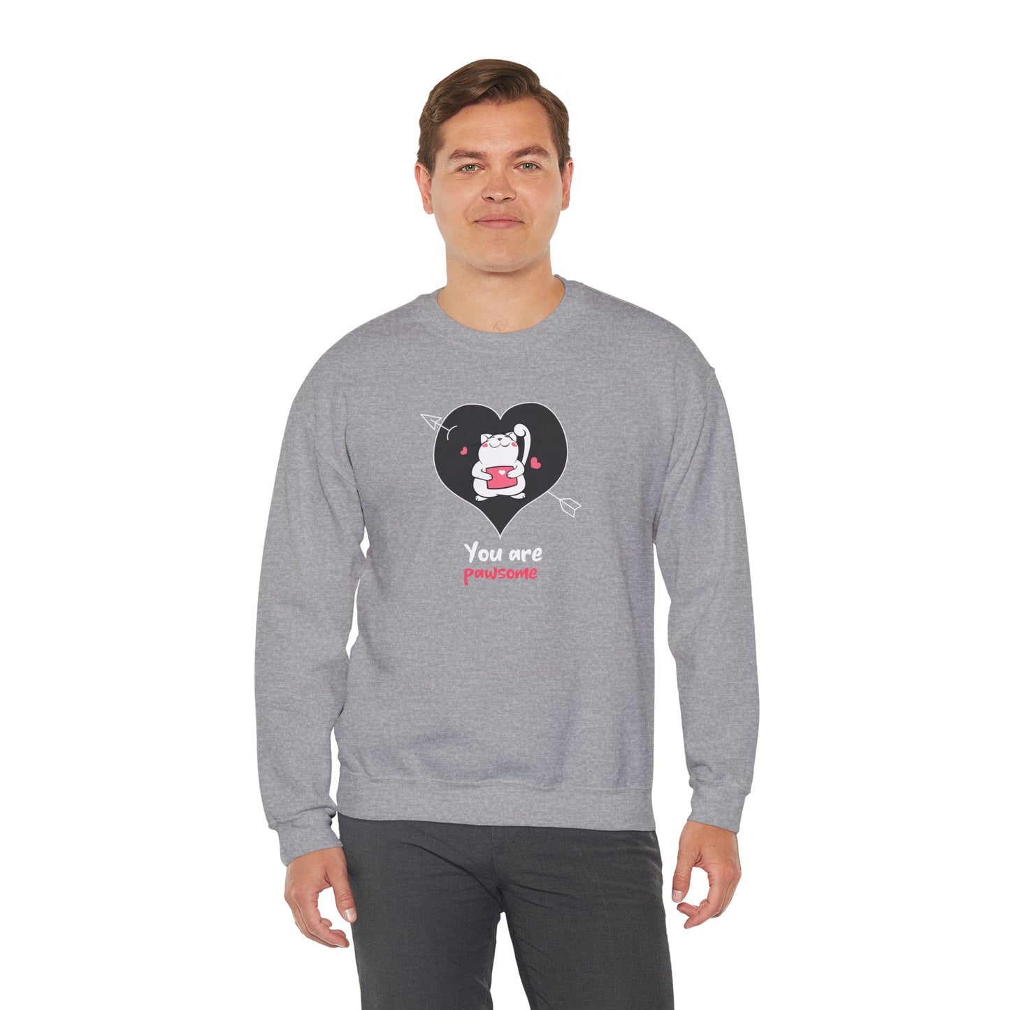 Cat Heart Sweatshirt Unisex Valentines Day Fifty Fifty Cotton Poly Crewneck Gildan 18000