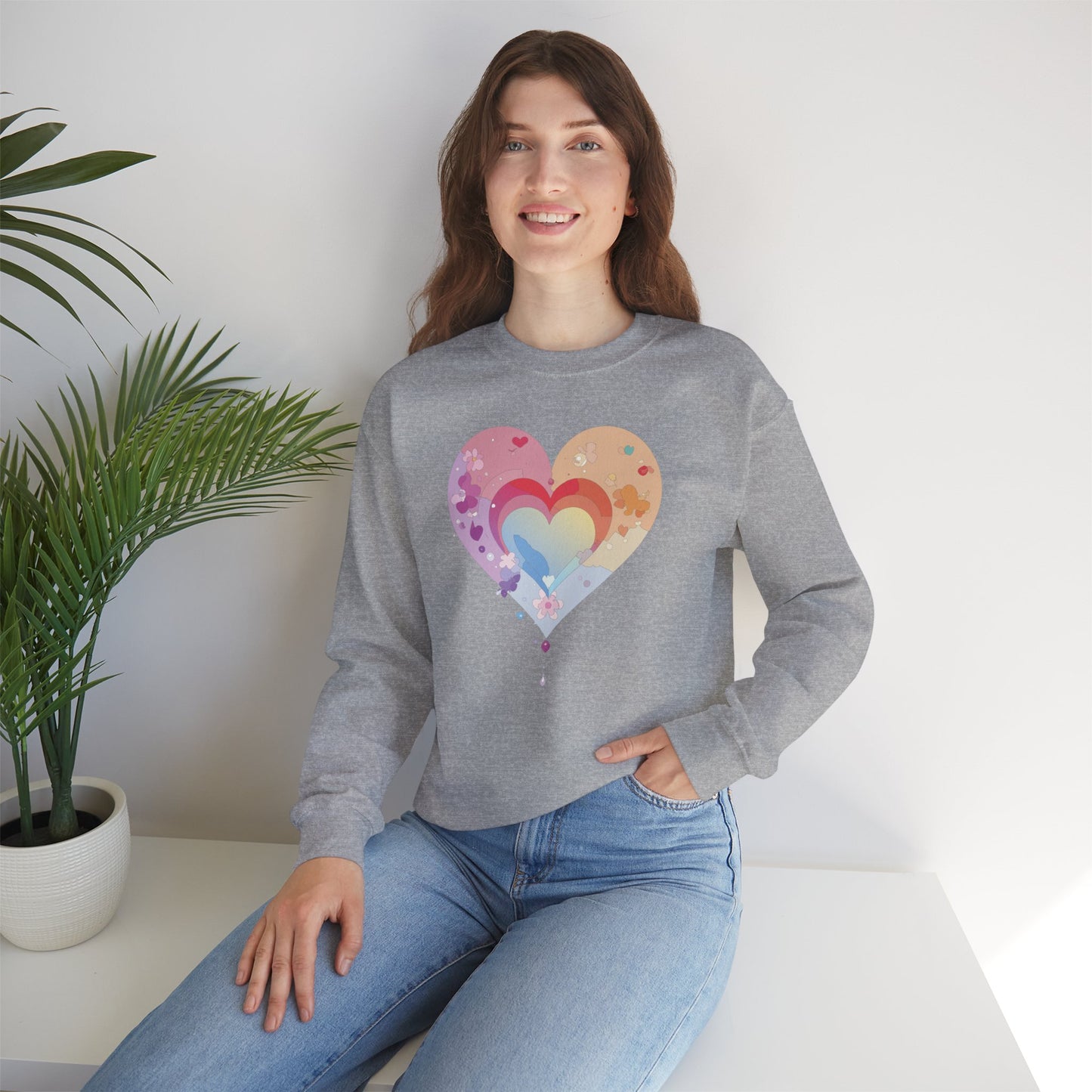 Rainbow Heart Floral Sweatshirt Unisex Valentines Day Gift Cozy Crewneck Sweatshirt