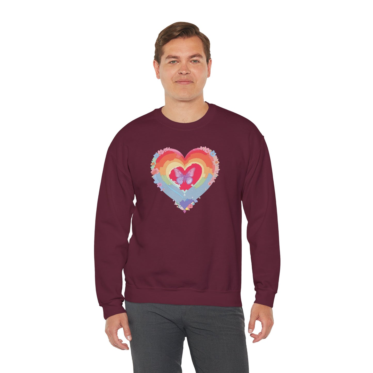 Rainbow Heart Floral Sweatshirt For Valentines Day Unisex Heavy Blend Crewneck Warm