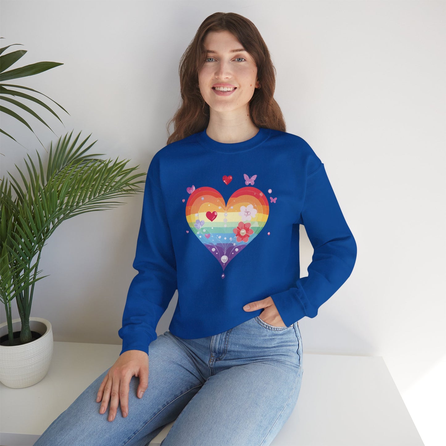 Rainbow Heart Floral Sweatshirt Unisex Valentines Day Graphic Love Sweatshirt Gift Idea