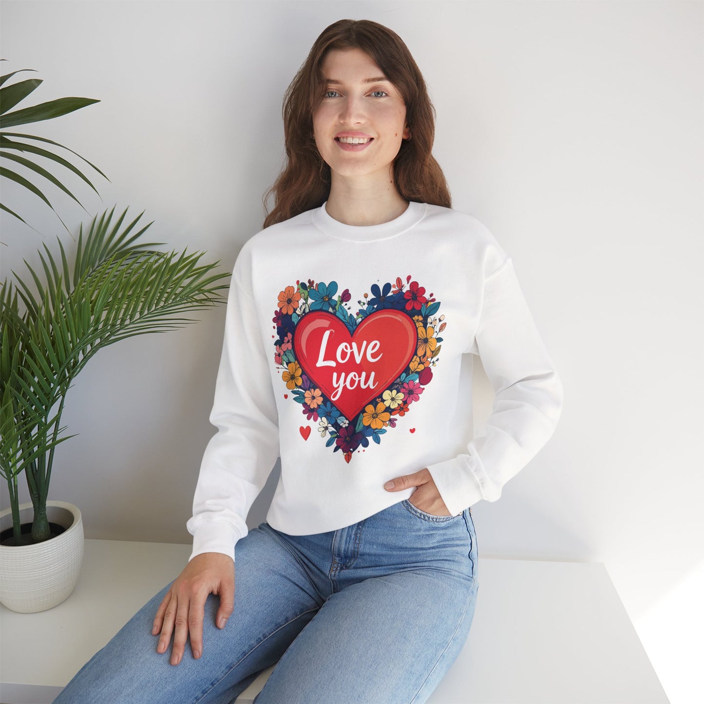 Unisex Floral Heart Sweatshirt Valentines Day Gift Cozy Crewneck Fifty Fifty Blend