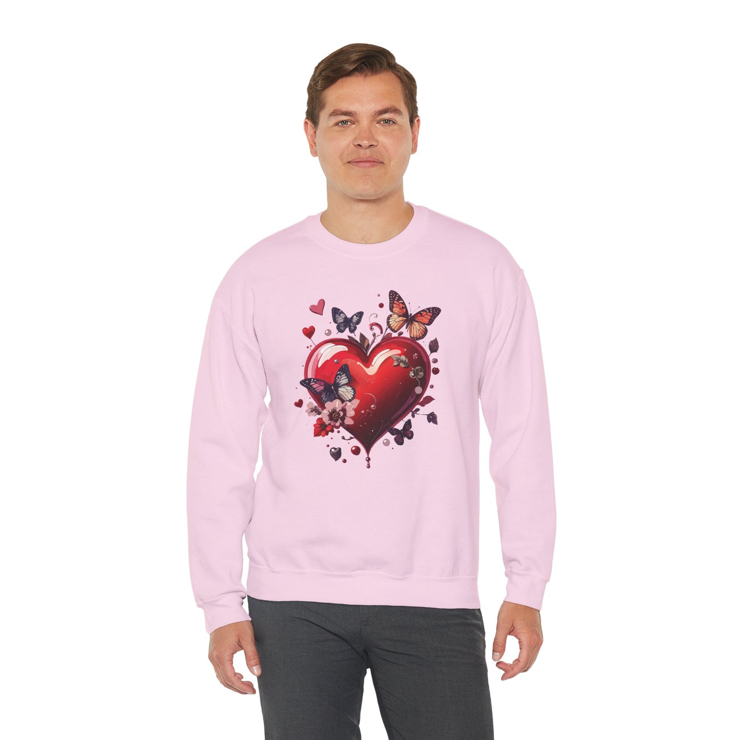 Unisex Heavy Blend Crewneck Sweatshirt Red Heart Floral Design Valentines Day Gift