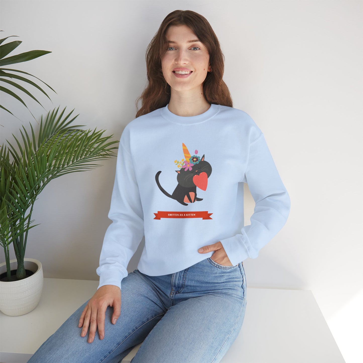 Cat Heart Sweatshirt Unisex Valentine Gift 50/50 Cotton-Poly Crewneck Gildan 18000