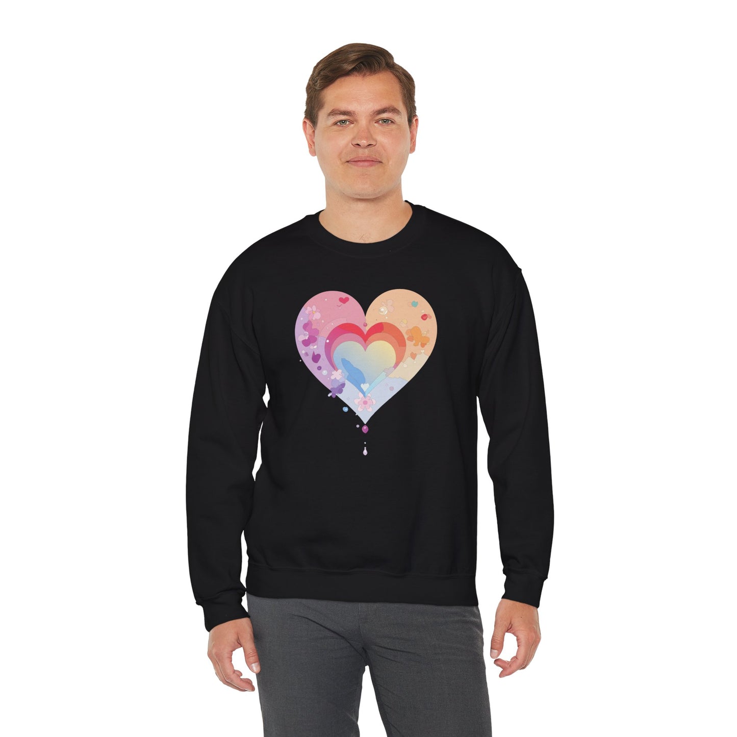Rainbow Heart Floral Sweatshirt Unisex Valentines Day Gift Cozy Crewneck Sweatshirt
