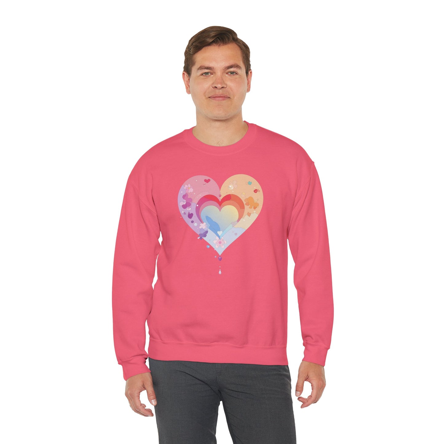 Rainbow Heart Floral Sweatshirt Unisex Valentines Day Gift Cozy Crewneck Sweatshirt