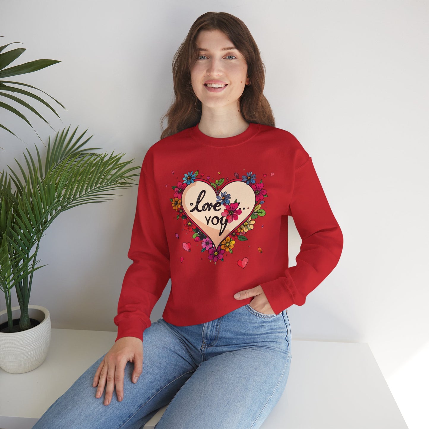 Floral Heart Love Sweatshirt Floral Heart Valentines Day Unisex Crewneck Fifty Fifty Cotton Polyester