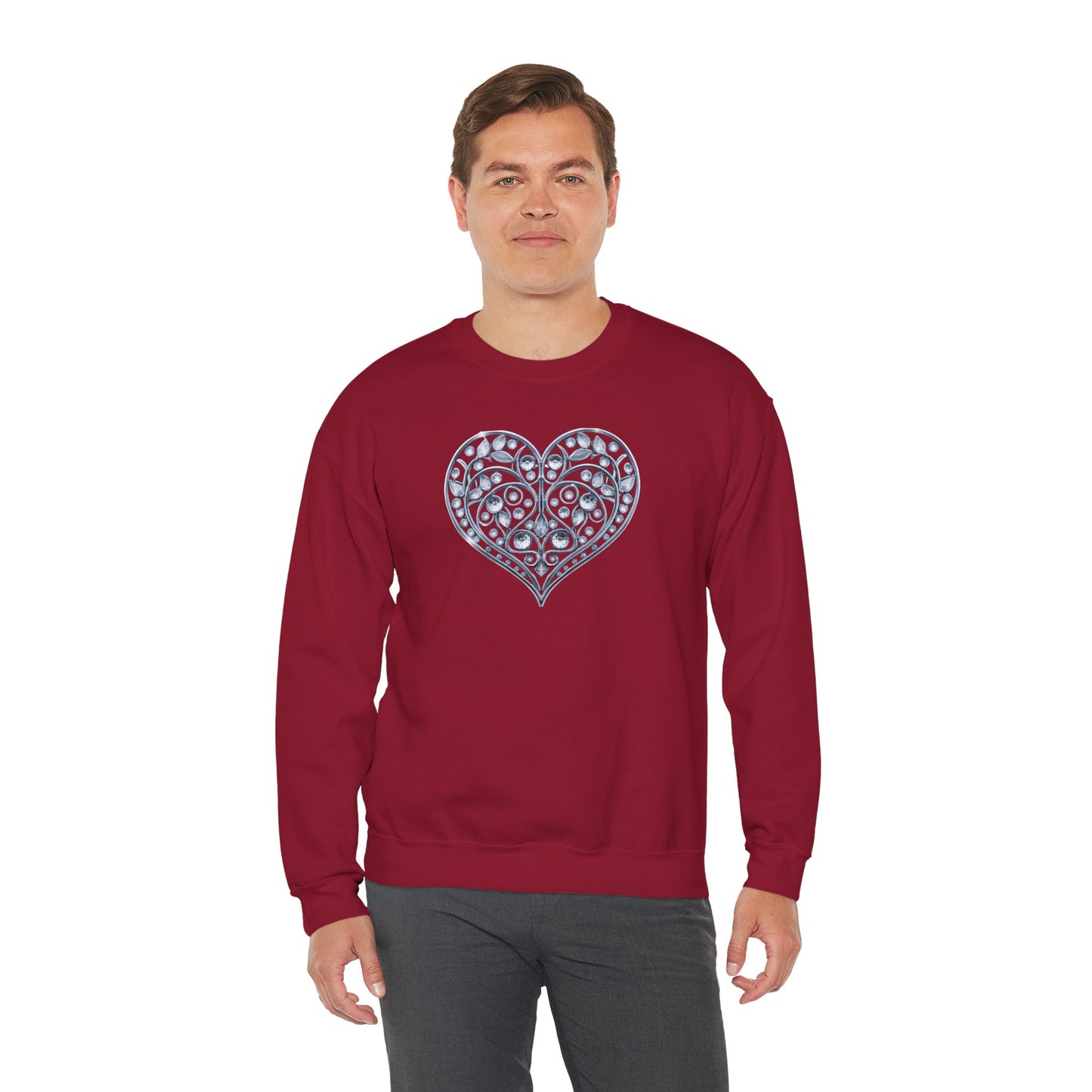 Big Crystal Heart Sweatshirt Unisex Fifty Fifty Cotton Poly Crewneck Valentines Day Sweatshirt