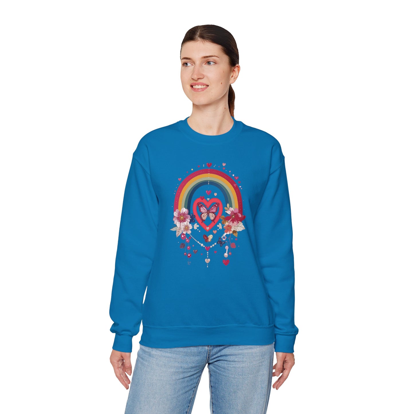 Rainbow Heart Floral Unisex Sweatshirt Crewneck Love Valentine's Day Graphic Gildan 18000