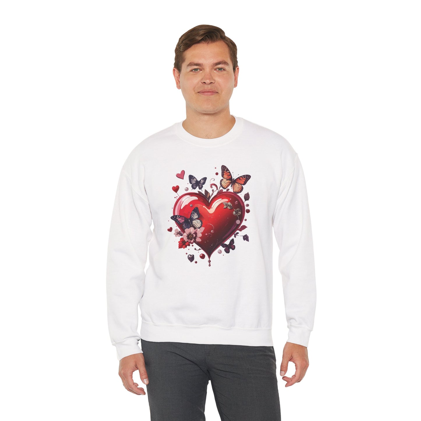 Unisex Heavy Blend Crewneck Sweatshirt Red Heart Floral Design Valentines Day Gift