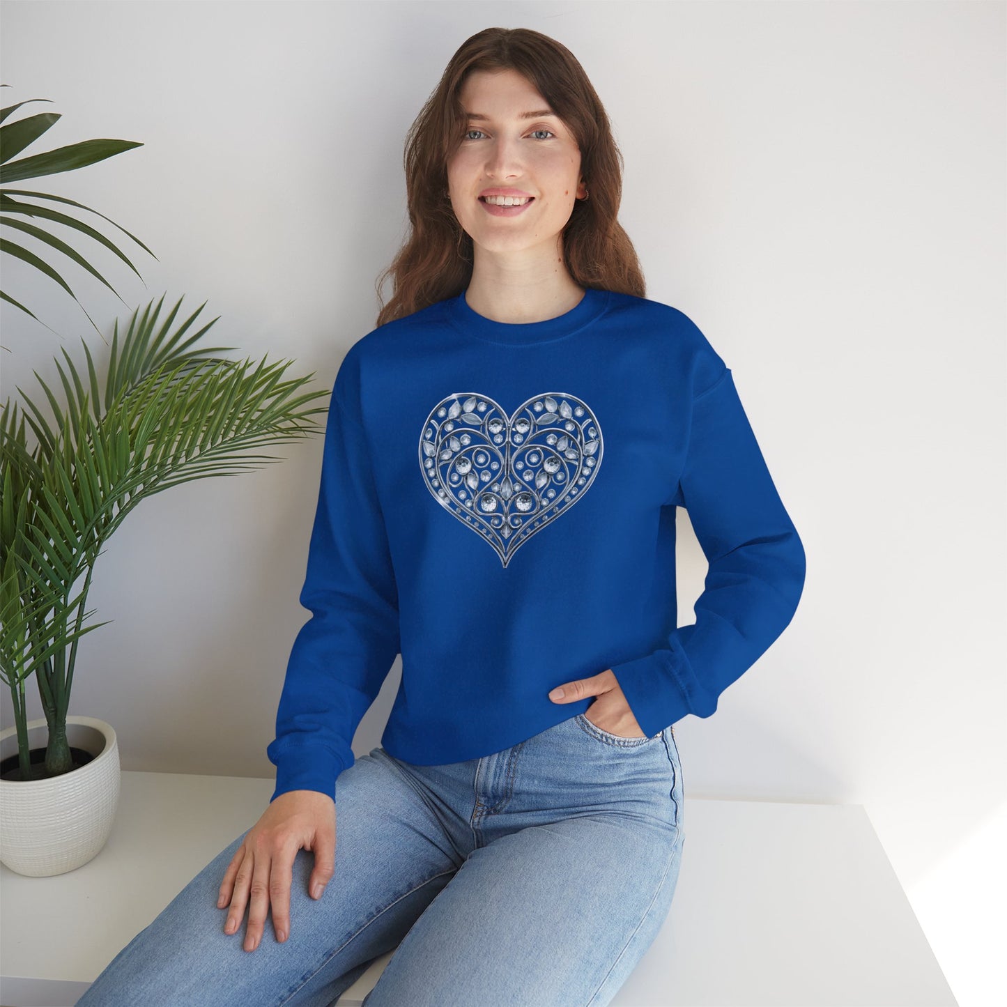Big Crystal Heart Sweatshirt Unisex Fifty Fifty Cotton Poly Crewneck Valentines Day Sweatshirt
