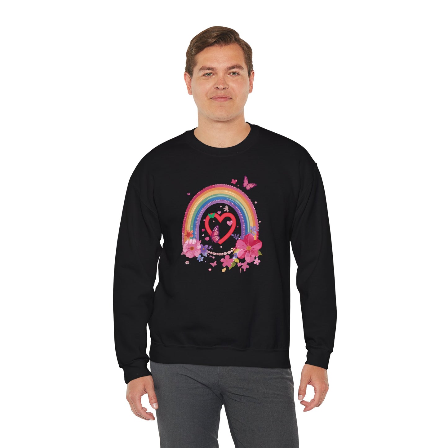 Rainbow Heart Floral Sweatshirt For Valentines Day Unisex Crewneck Gildan 18000 Premium